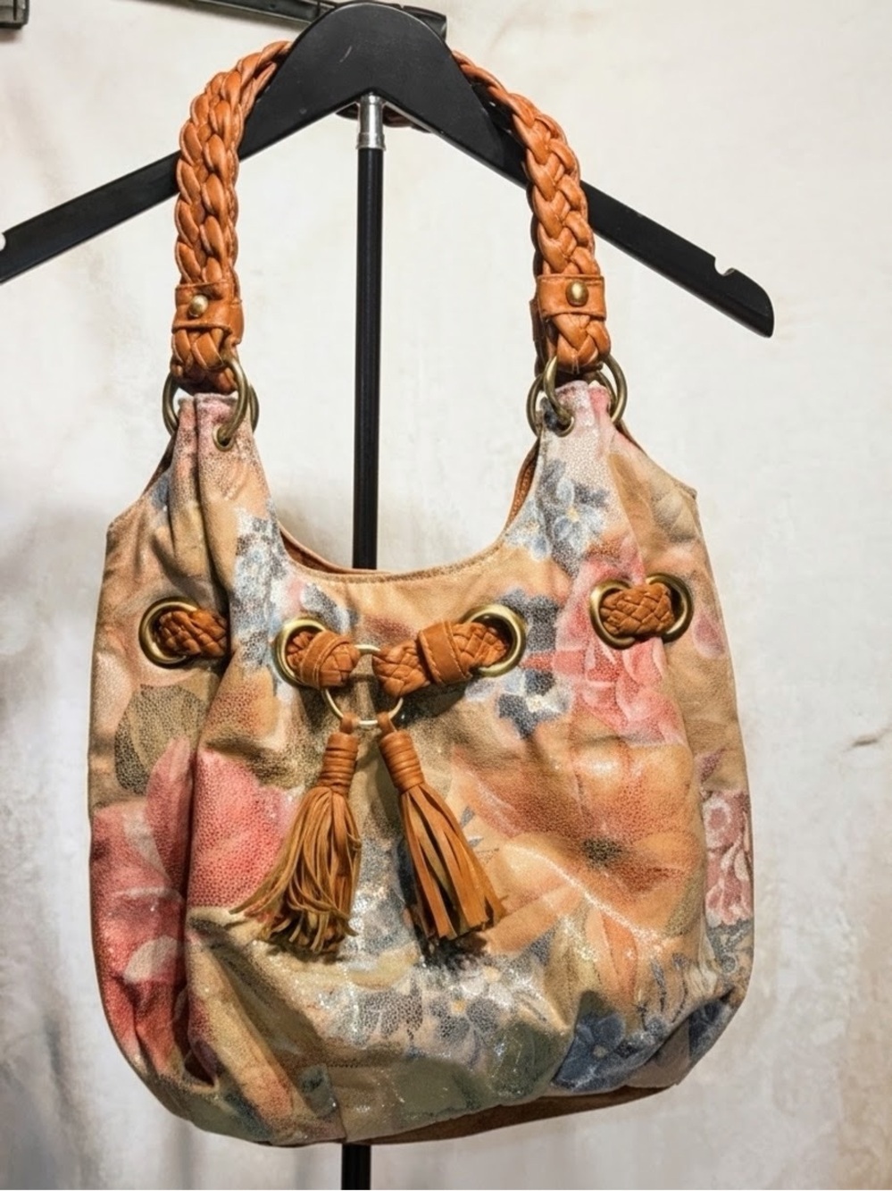 Vintage Bueno Floral Leather Bucket Tote Bag with Braided Handles - Tan Multi